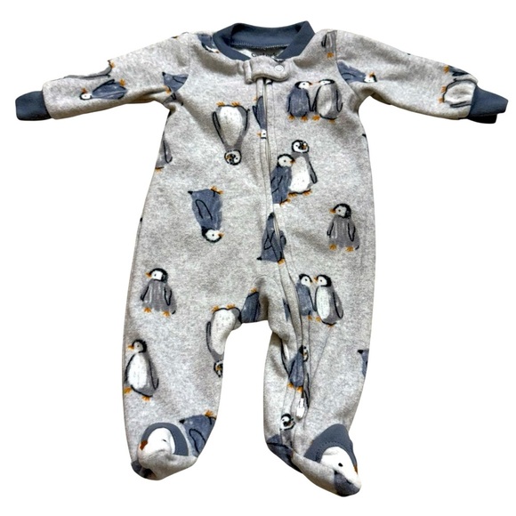 Carter’s Gray Fleece Penguin Pajama Footed 2-way zip Baby Boy NB - Picture 1 of 5